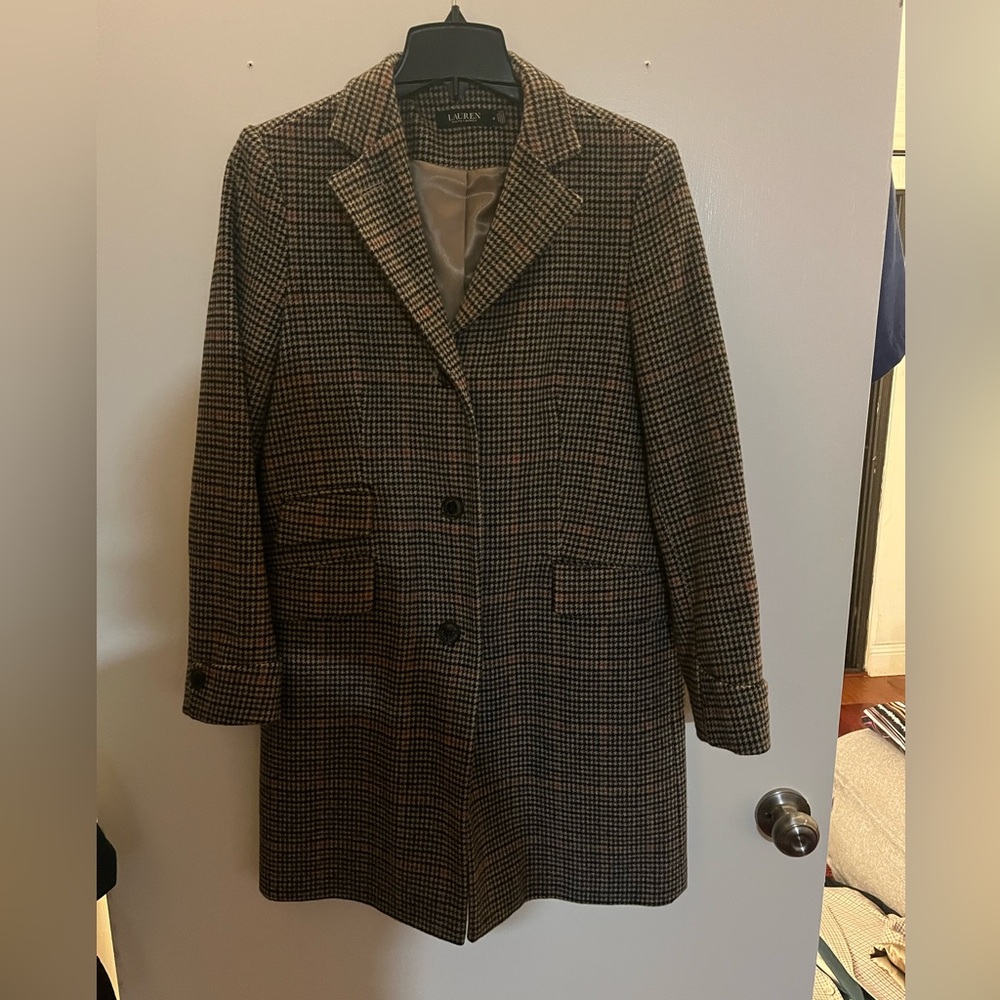 LAUREN RALPH LAUREN Wool Blend Box Houndstooth Reefer Walker Coat Size 6